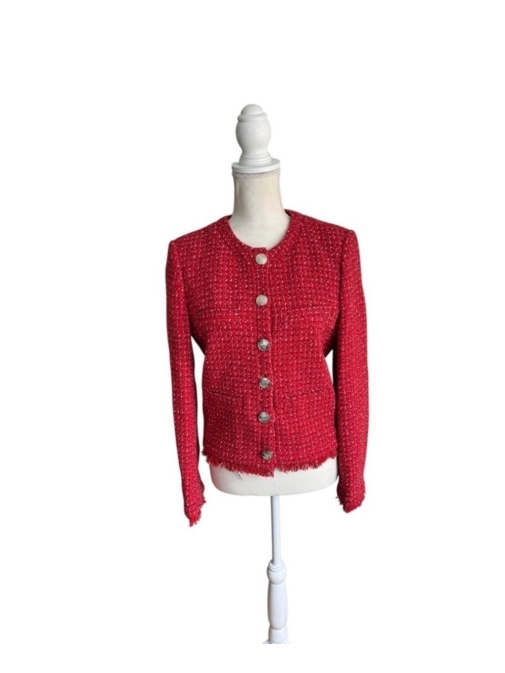 Claudie Pierlot Paris Red Tweed Boucle Fringe Jacket Blazer Size 8 NWT - Picture 3 of 15